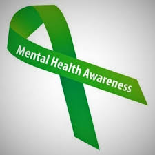 Green ribbon with the words Mental Health Awareness on it.
